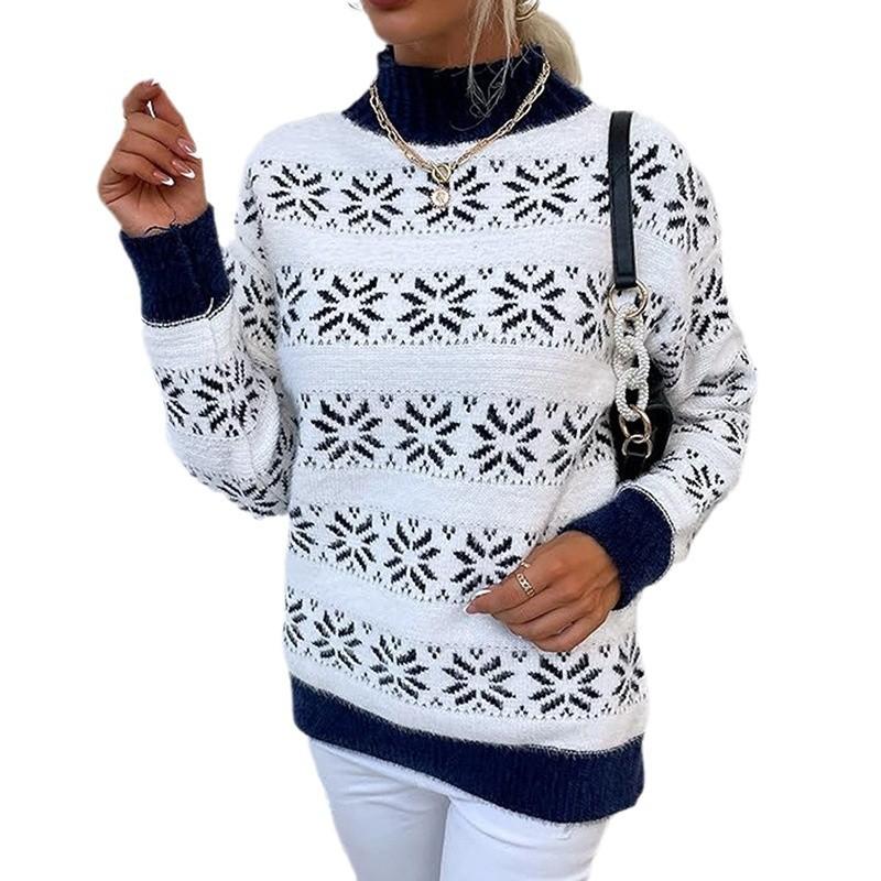 European and American Women's Clothing Autumn and Winter Fashion Christmas Snowflake Pattern Semi-turtleneck Sweater Knitted Sweater Top