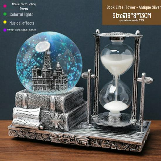 Retro Iron Tower Music Box with Luminous Crystal Ball Hourglass - Perfect for Desktop Ornament or Small Gift for Graduation, Qixi, or Valentine's Day.
