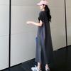 Letter-print Short-sleeved T-shirt, Loose Mid-length Knee-length Slit Dress
