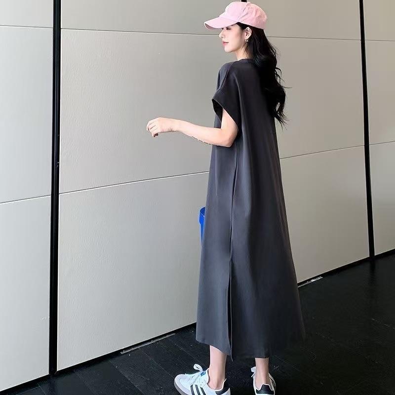 Letter-print Short-sleeved T-shirt, Loose Mid-length Knee-length Slit Dress