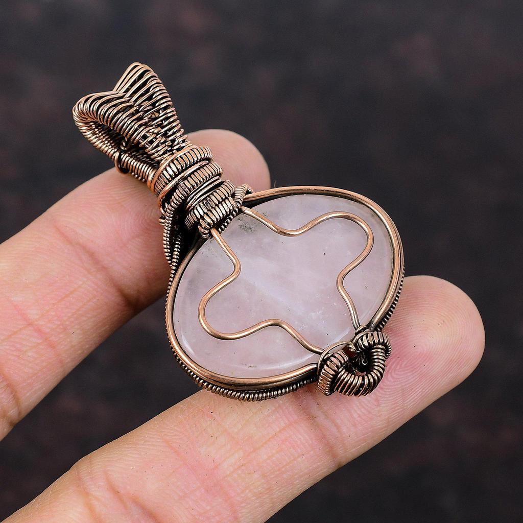 Rose Quartz Pendant Copper Wire Wrapped Pendant Moonstone Gemstone Pendant Wire Wrap Jewelry For Gift Unique Copper Jewelry Handmade Pendant
