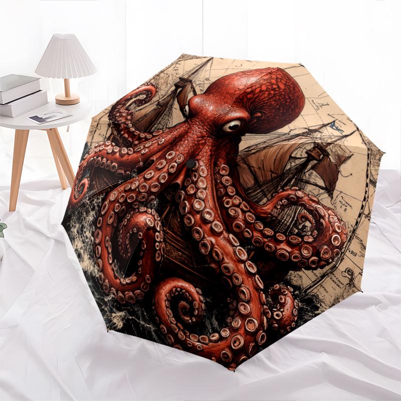 Ship Octopus pattern, automatic folding umbrella, portable and foldable design, 8 ribs, a Christmas or birthday gift.