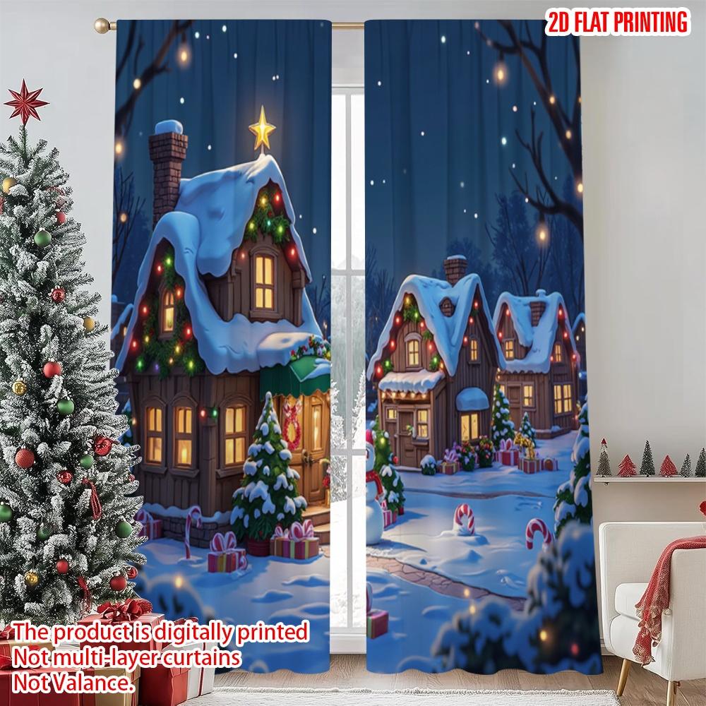 2pcs 2D flat printing Merry Christmas Curtains Candy Shop Snow Christmas Durable polyester fiber Festive Wall Decor for Indoor