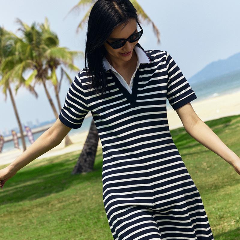Tommy Hilfiger Rochie Polo Casual cu Gât în V și Dungi, Croială Slim Fit, Mânecă Scurtă, Femei XW0XW03965