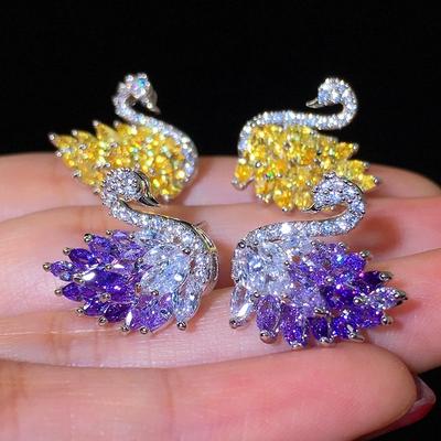 Colorful Swan Earrings Pink Gradient Temperament Simple Zircon Earrings Wild Ear Jewelry for Women Girl Gifts