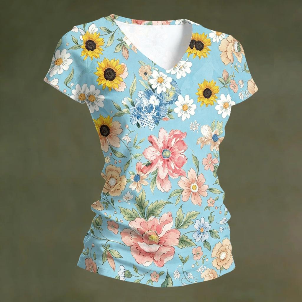Women V Neck Short Sleeve Floral Print T Shirt Casual Lightweight Top Summer Blouse Soft Fabric Comfortable Fit