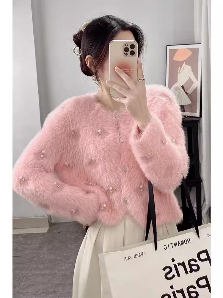 

Women s Imitation Mink Velvet Beaded Cardigan Sweater M