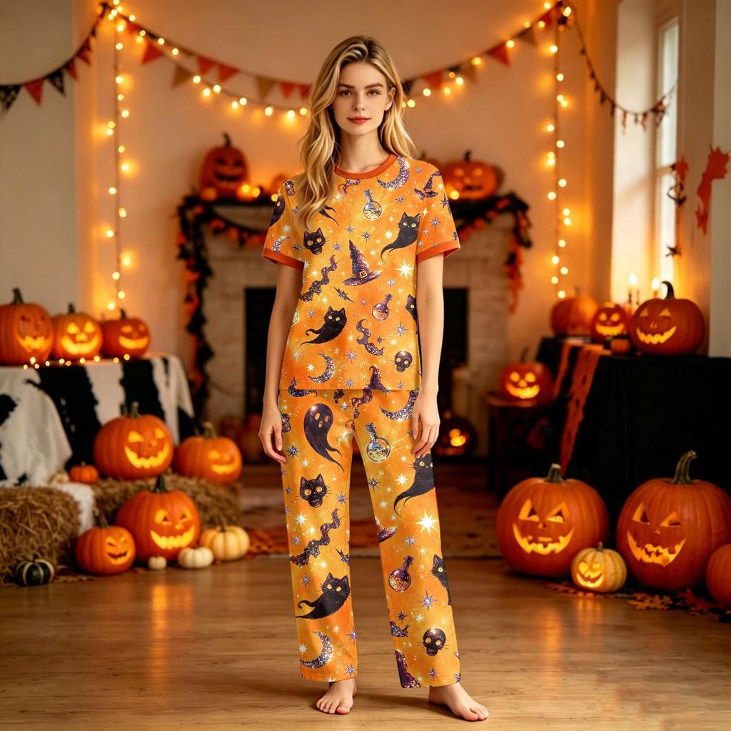 Family Matching Halloween Pajama Sets Short Sleeve T-Shirt and Pants Print Wear for Women Men Kids
