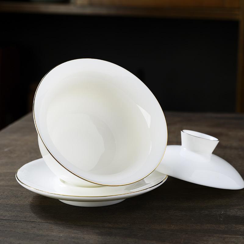 White Porcelain Gaiwan Tea Bowl Set With Lid Saucer Jade Like Ceramic Kung Fu Teacup For Home Office Brewing