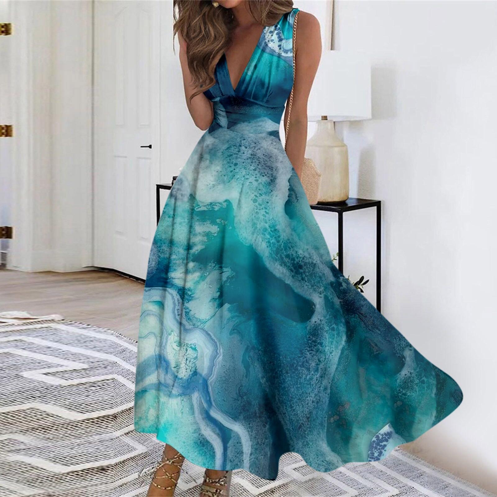 

Жіноча довга сукня Довга сукня Повсякденна сукня Літня повсякденна сукня без рукавів з V-подібним вирізом у стилі бохо із затягуванням талії з принтом L синій