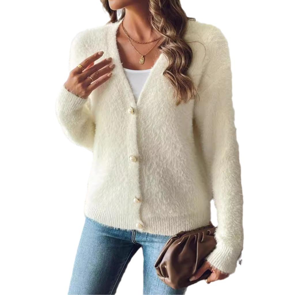 Ladies, Faux Mink Fur Jacket, Women's Clothing, Autumn and Winter Styles, Pearl Button, Four Button, Woven Sweater Cardigan