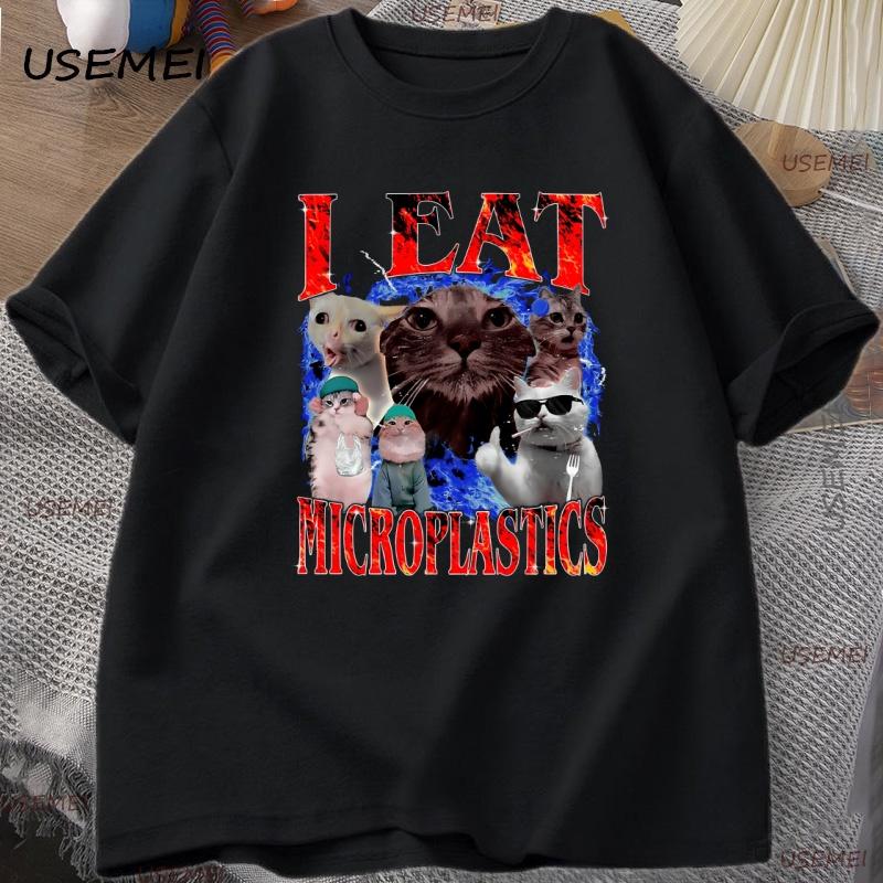 Cursed Cat T Shirt I Eat Microplastics Graphic Tee for Unisex Women Funny Weirdcore Top Cotton Short Sleeve Loose Tshirt Clothes