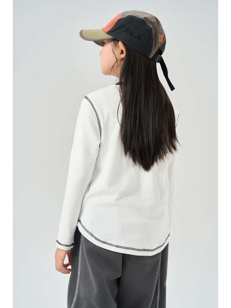 Autumn Kids' Color Block Cartoon Linen T-Shirt - Boys & Girls Long Sleeve Crew Neck