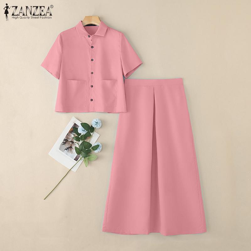 ZANZEA Blusa de Manga Corta para Mujer y Faldas Largas Conjuntos de Traje de Dos Piezas de Verano