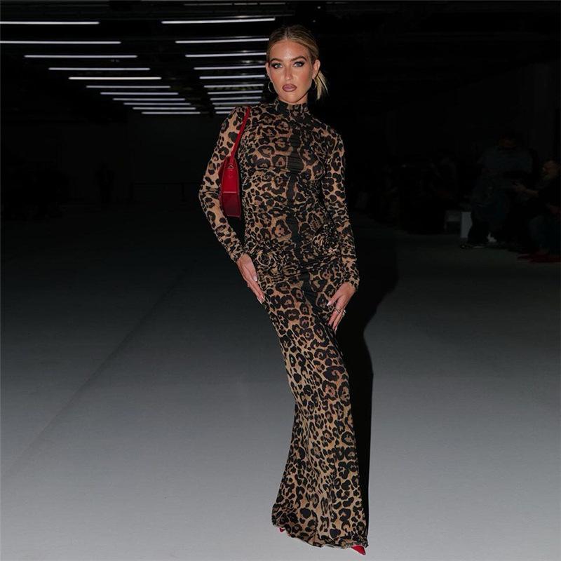 Sexy langermet perspektiv Leopard Stretch lang kjole for kvinner