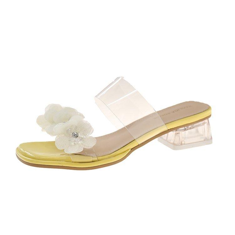 

[youshilai] French beautiful medium-heeled cool slippers 2025 summer fashionable transparent thick-heeled one-word slippers 35