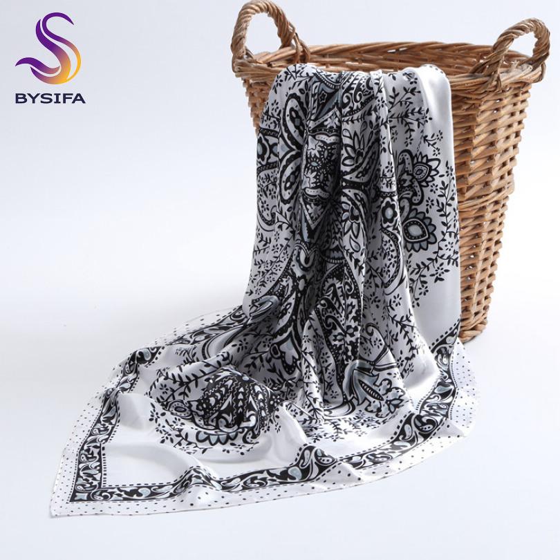 [BYSIFA] Muslim Women Head Neck Scarf Shawl  Trendy Chinese Silk Square Satin Scarf 90*90cm Pink Coffee Roses Scarves Wraps