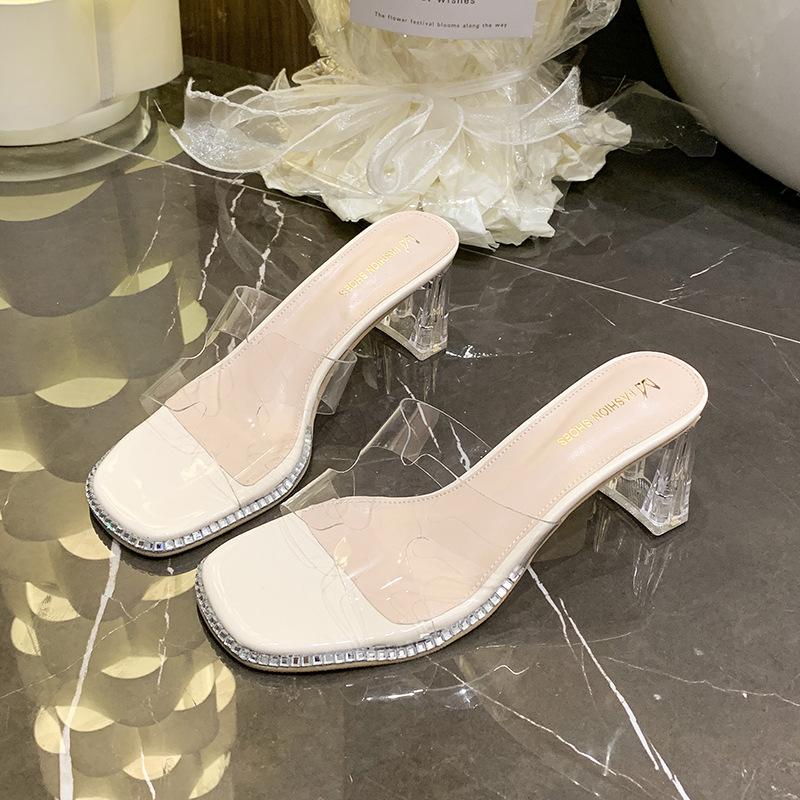 Square Head Transparent One-word Cool Slippers Women's Spring and Summer 2025 New Crystal Thick Heel High Heel Outer Wear Cool Slippers Women