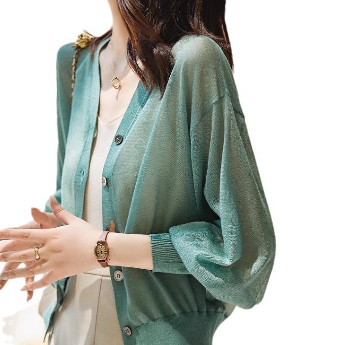 Women’s Spring 2026 V-neck Lightweight Knit Cardigan - Korean Style, Breathable, Long Sleeve