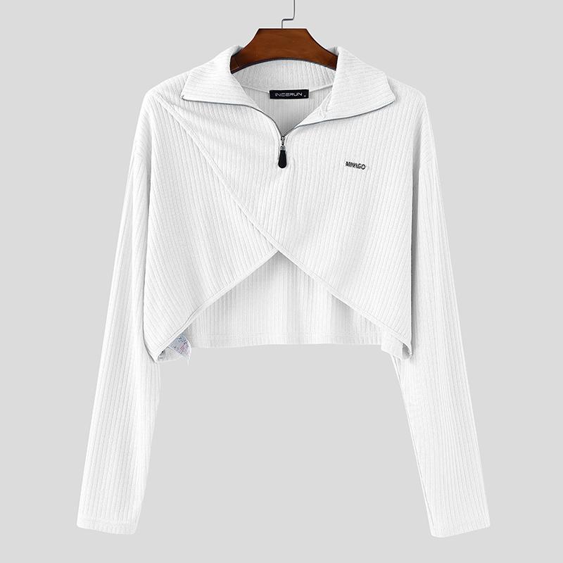 INCERUN Мужские Повседневные Завязывающиеся Рубашки Топы с Лацканами и Необычным Рубчиком и Длинным Рукавом L белый