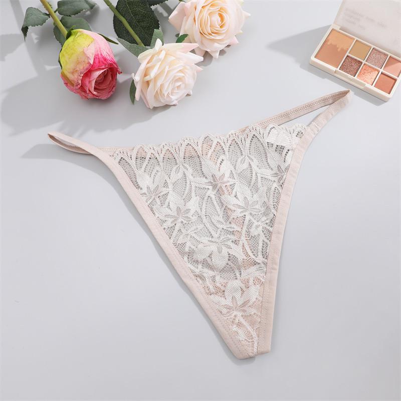 FINETOO Lace Thong For Women Sexy T-back Panty Solid Color Lingerie Floral Underwear
