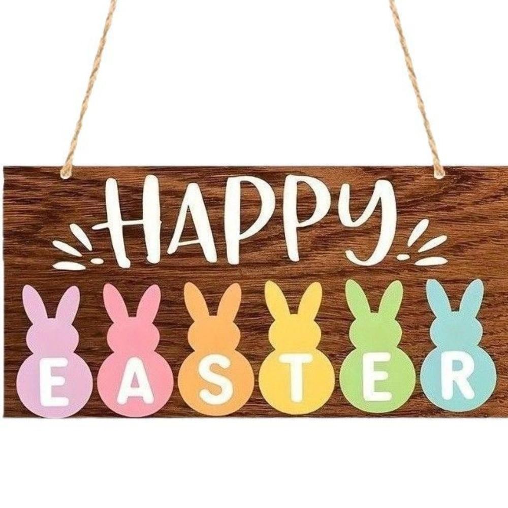 Colorful Rabbit Happy Easter Sign Flowers Pattern Egg Design Wall Decoration Cartoon Style Wooden Material Home Decoration
