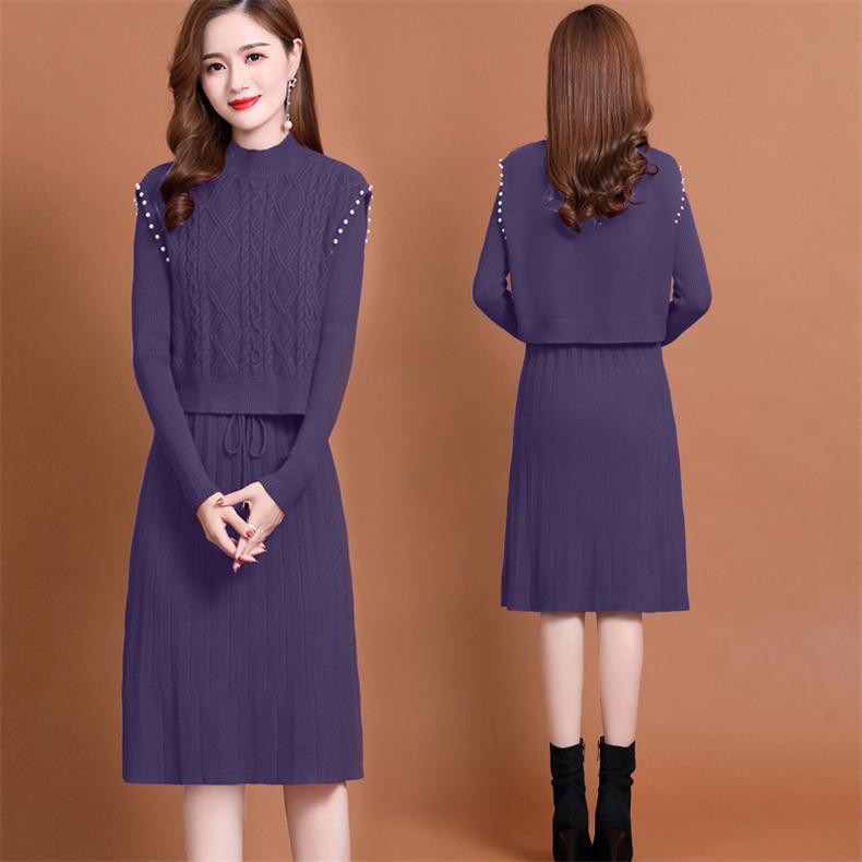 Two-piece Knitted Vest Dress for Women Long-sleeved Solid-color Sweater Dress Casual Mid-length Sweater for Autumn and Winter