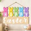 Colorful Rabbit Happy Easter Sign Flowers Pattern Cartoon Style Wall Decoration Egg Design Wooden Material Wooden Hanging Sign