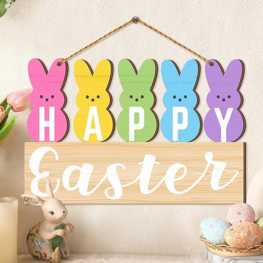 Colorful Rabbit Happy Easter Sign Flowers Pattern Cartoon Style Wall Decoration Egg Design Wooden Material Wooden Hanging Sign