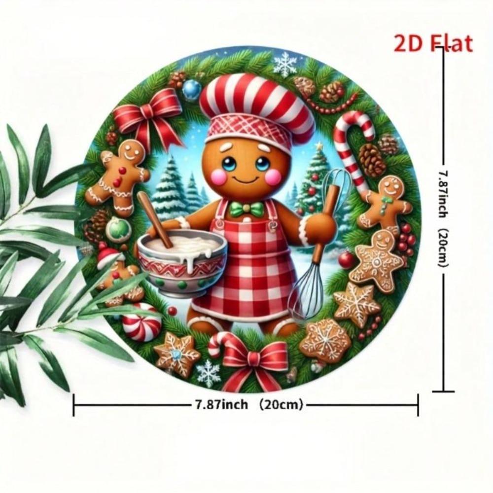 Tin Metal Christmas Gingerbread Girl Cookie Wreath Decoration 8x8 Inch Flat Wall Art