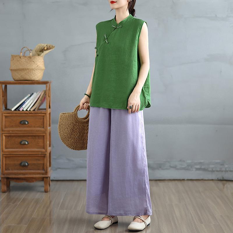 2025 New Women s Chinese Style Cotton Linen Vest & Wide-Leg Pants Set - Summer Breathable & High-End Feel Medium