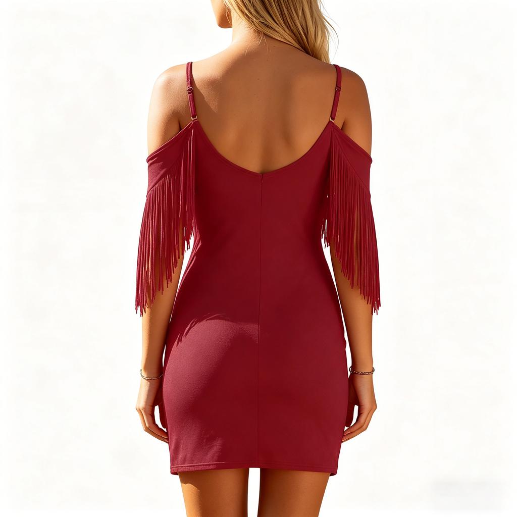 Women Sleeveless Dress Cold Shoulder Fringe Detail V Neck Casual Slim Fit Mini Dress Summer Party Dress