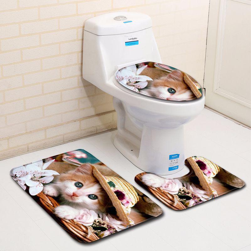 3D Kitten Bathroom Toilet Three-Piece Floor Mat Doormat Bathroom Carpet