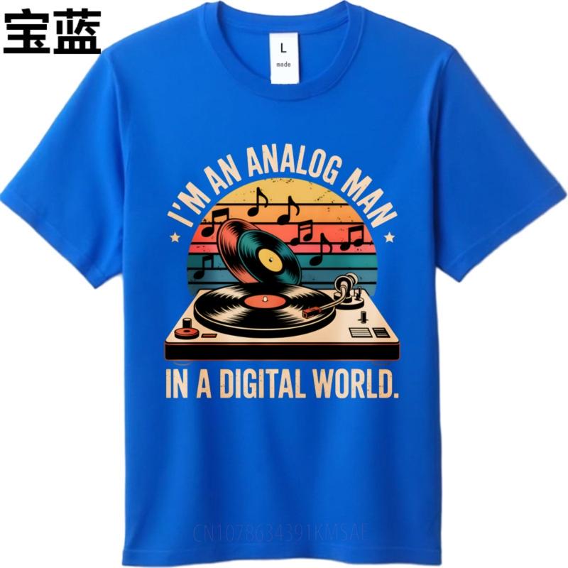 Adult Men O Neck tshirt Brand Analog Man In Digital World Vinyl Record Turntable Music Notes Sunset Background Minimalist