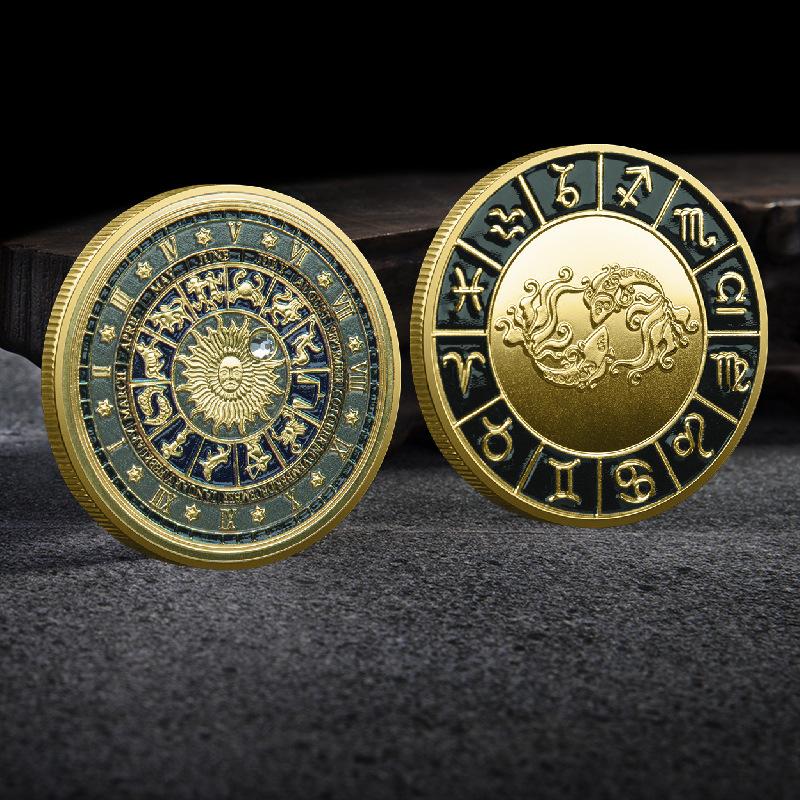 Evropské a americké pamětní mince, zlaté mince dvanácti znamení zvěrokruhu, diamanty, mince, tarot, přání, bůh slunce, vánoční dárek, drobnosti do punčoch