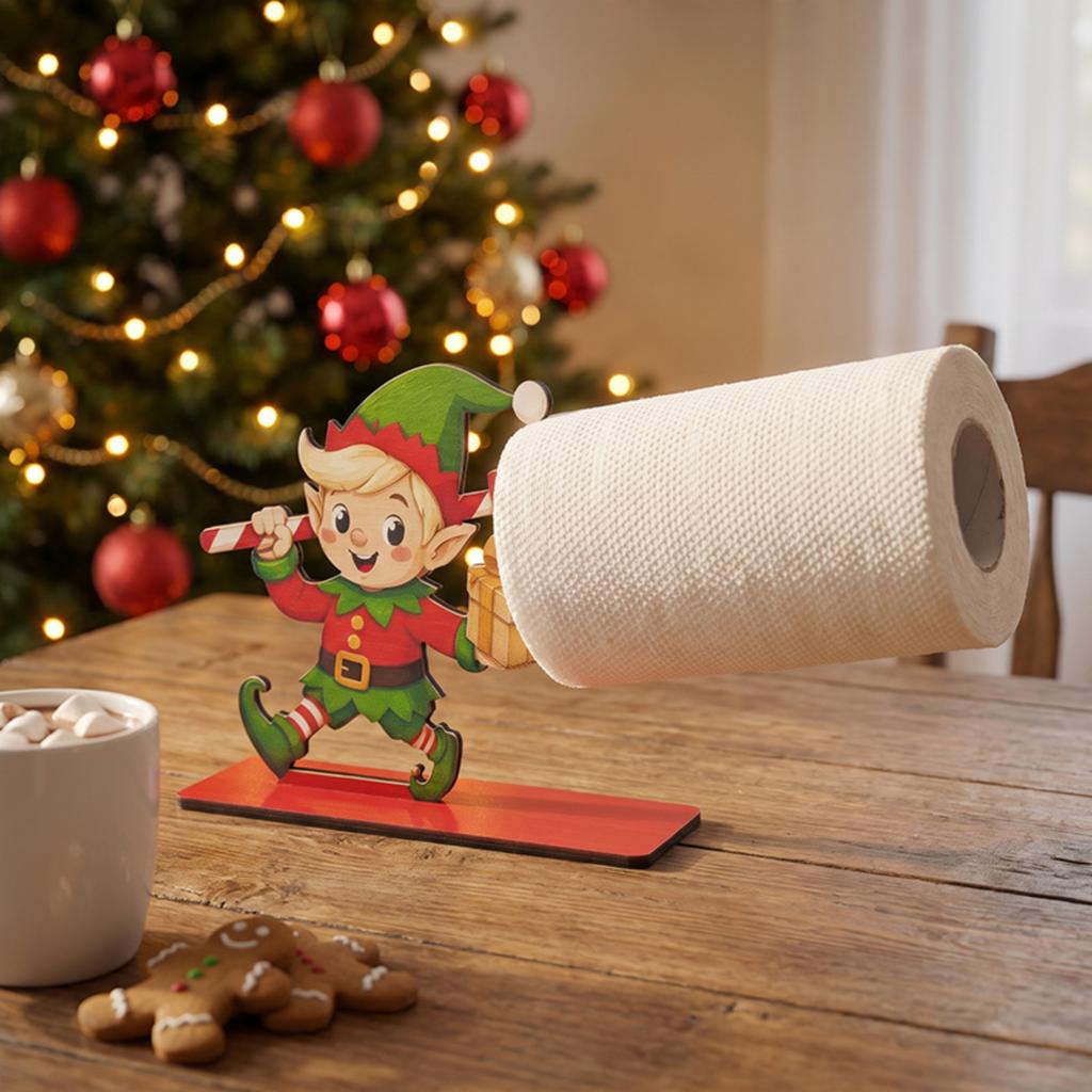 Wooden Christmas Tissue Box Holder with Snowman Santa and Design, Festive Tabletop Decoration