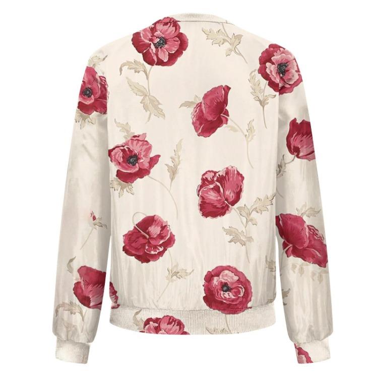 Women Floral Leaf Print Casual Long Sleeve Zipper Jacket Round Neck Fashionable