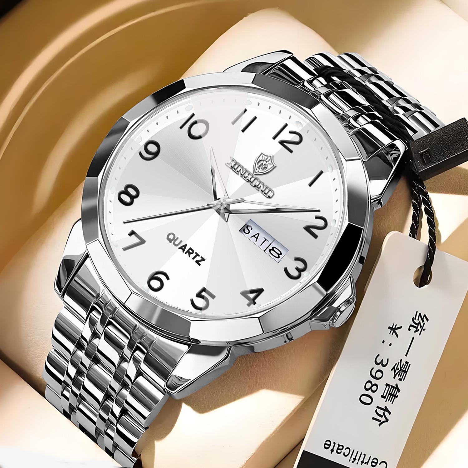 Men s Waterproof Fashionable Korean Style Double Calendar Luminous Quartz Watch