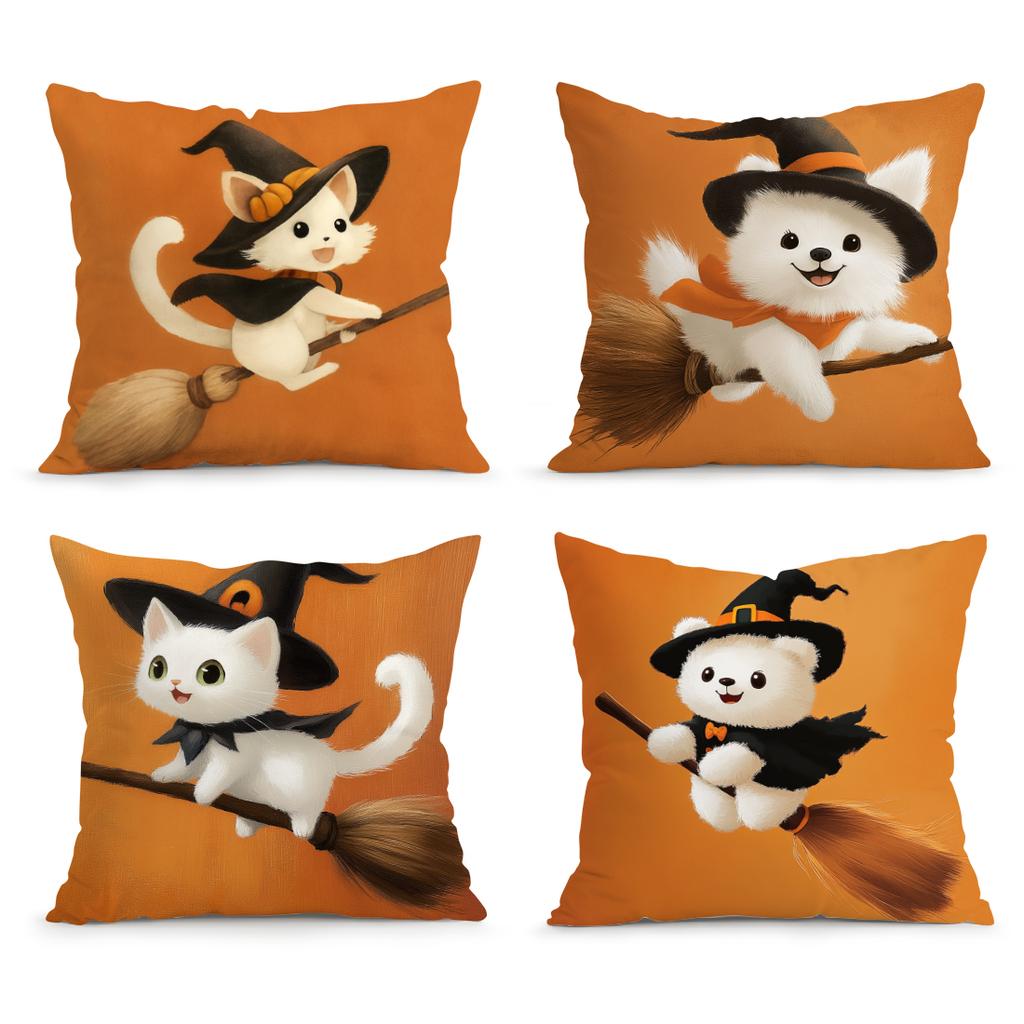 Witch Dog Cat Riding Broom Pillowcase Printed Polyester 45X45Cm Throw Pillowcover Decorative Sofa Cushion Pillowslip Home Decor
