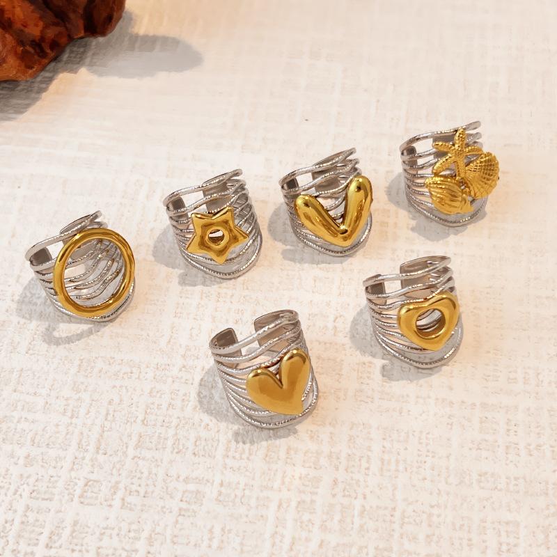 Stainles Steel Multi Layer Lines Hollow Rings for Women Men Geometric Gold Color Heart Star Wide Opening Rings Jewelry