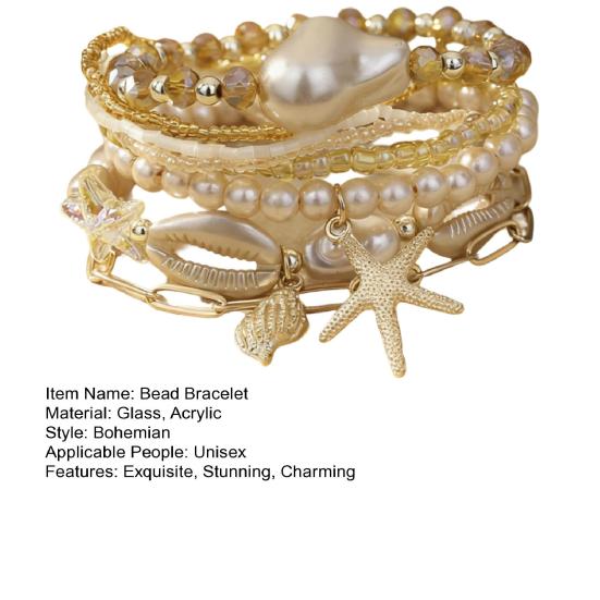 Summer Beach Bracelet for Women Faux Pearl Seashell Starfish Boho Layered Beaded Bracelets Handmade Stretch Bracelet