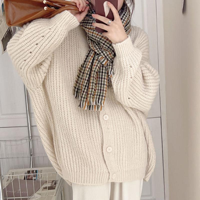 Korean Chunky Knit Sweater Coat College V-neck Long-sleeve Knitted Cardigan Solid Color Casual Temperament Loose Shawl Outerwear