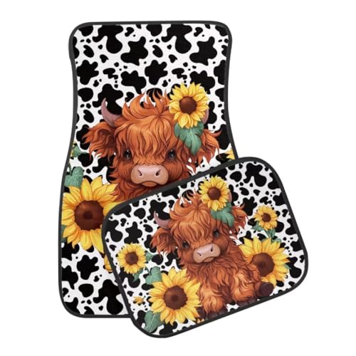 Van Car Interior Accessories 4-Piece Car Protector Mat Highland Cow Sunflowers Print All Weather Car Floor Mats Universal Fit Automotive SUV Sedan