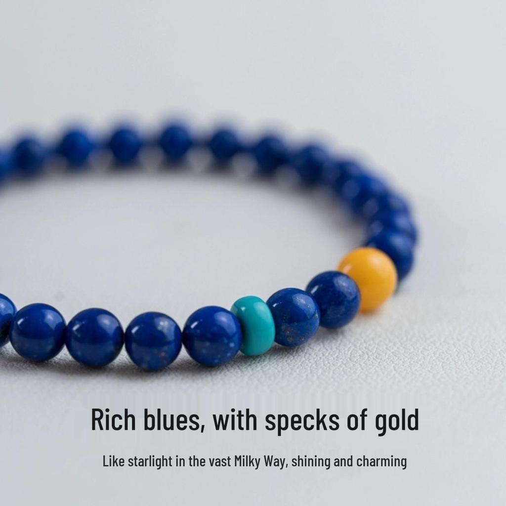 Cyan Blue Lapis Lazuli & Amber Beaded Bracelet