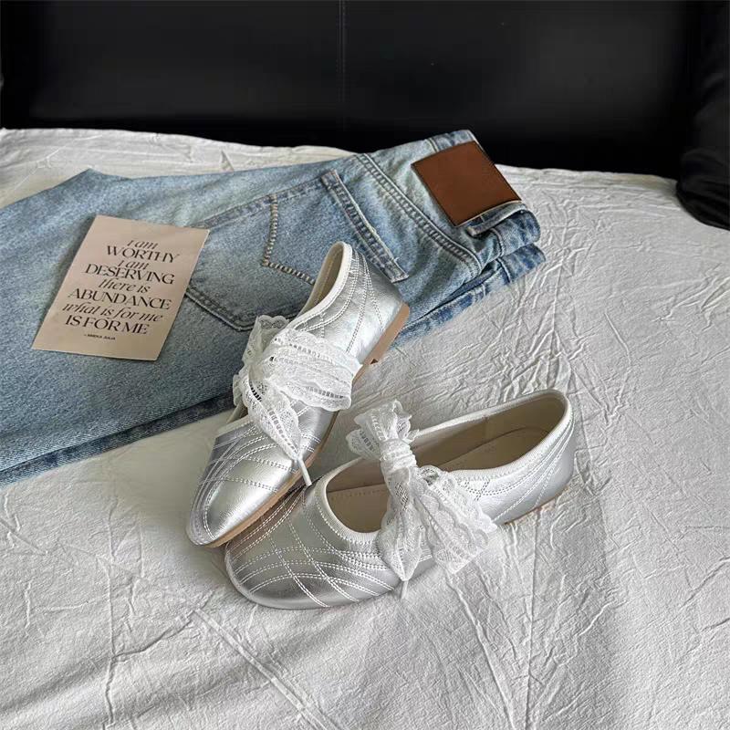 Fashion 2025 New Simple Single Shoes Women's New Round Toe Shallow Mouth Lace Butterfly Knot Soft Knot Mary Jane Flat Single Shoes