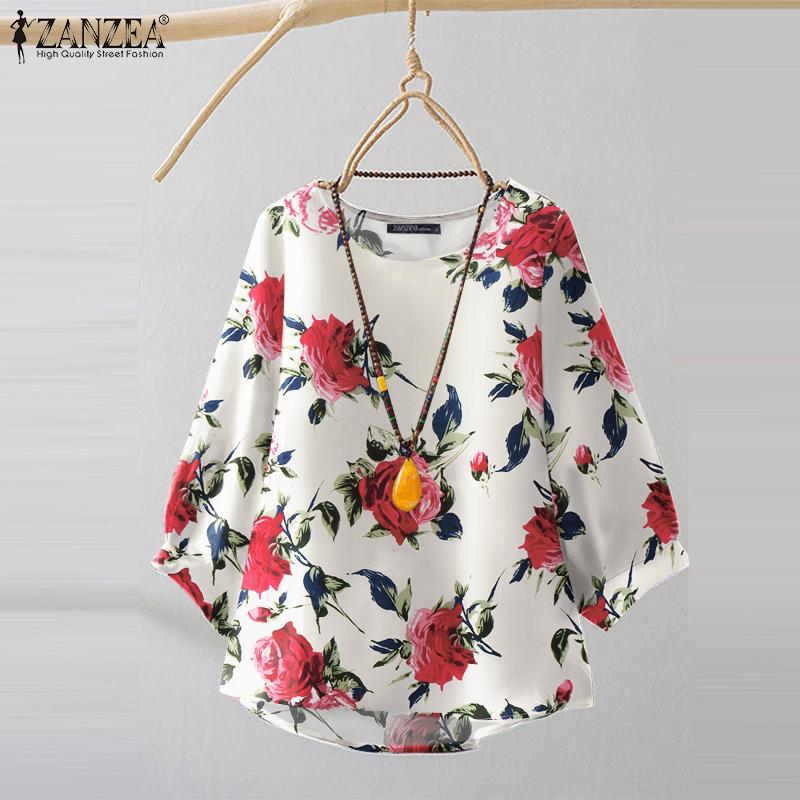 ZANZEA Women Casual 3/4 Sleeve Loose O-neck Floral Print Blouse