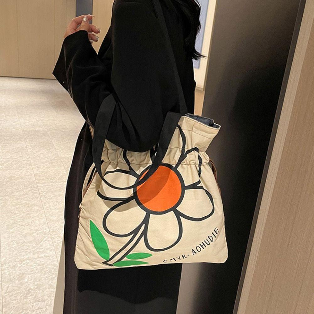 Large Capacity Flower Shoulder Bag Korean Style Printed Handbag Lightweight Cloth Tote Bag  Outdoor