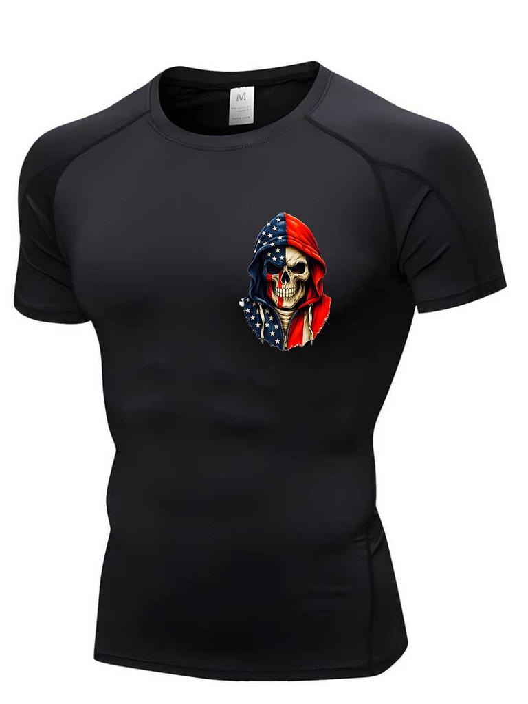 Men's Compression Shirt Quick Dry Black Gym T-Shirt USA Flag Skull Print Workout Sportswear