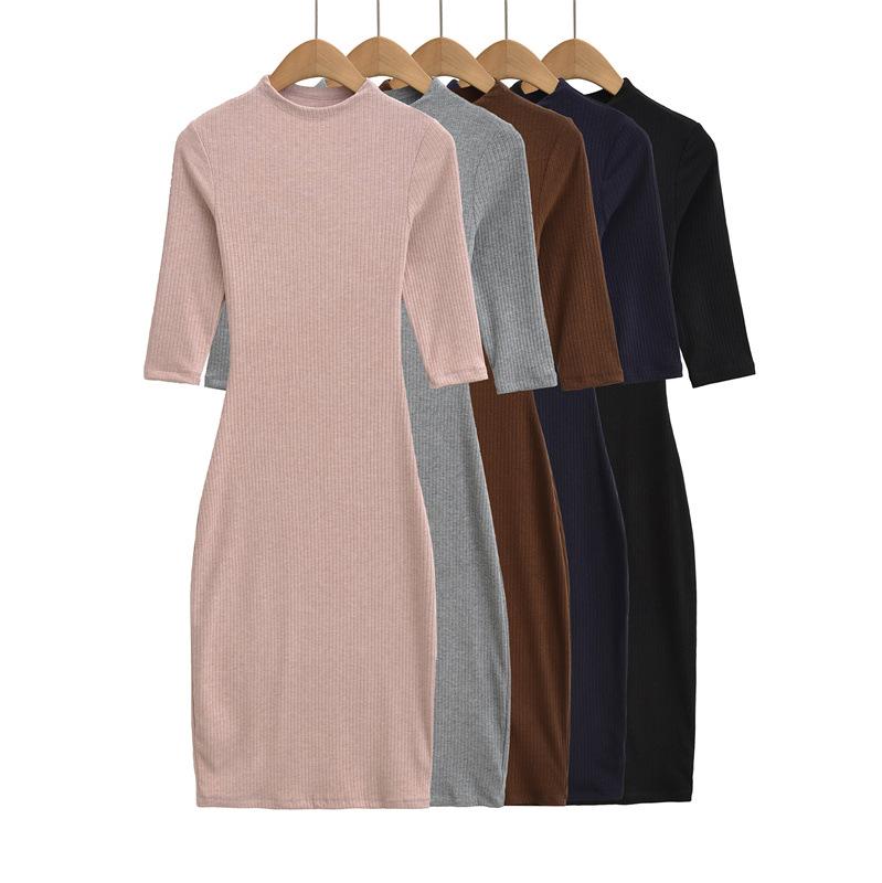 Women's Elegant Ribbed Knit Bodycon Dress - Pink, Long Sleeve, Mid-Length, Summer Style