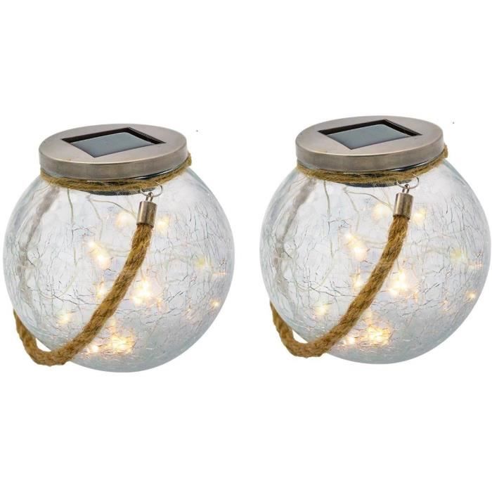 Lot de 2 boules solaires - LUMISKY - CRACK BALL CORD - H13 cm - Verre craquelé a poser - Poignée corde micro - LED blanc chaud
